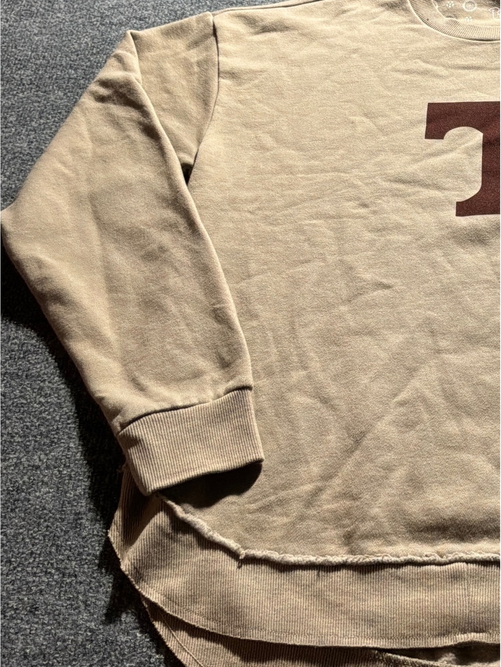 Beige Long Sleeve Women’s Sweatshirt with 'T' Print and Raw Hem - Picture 2 of 8